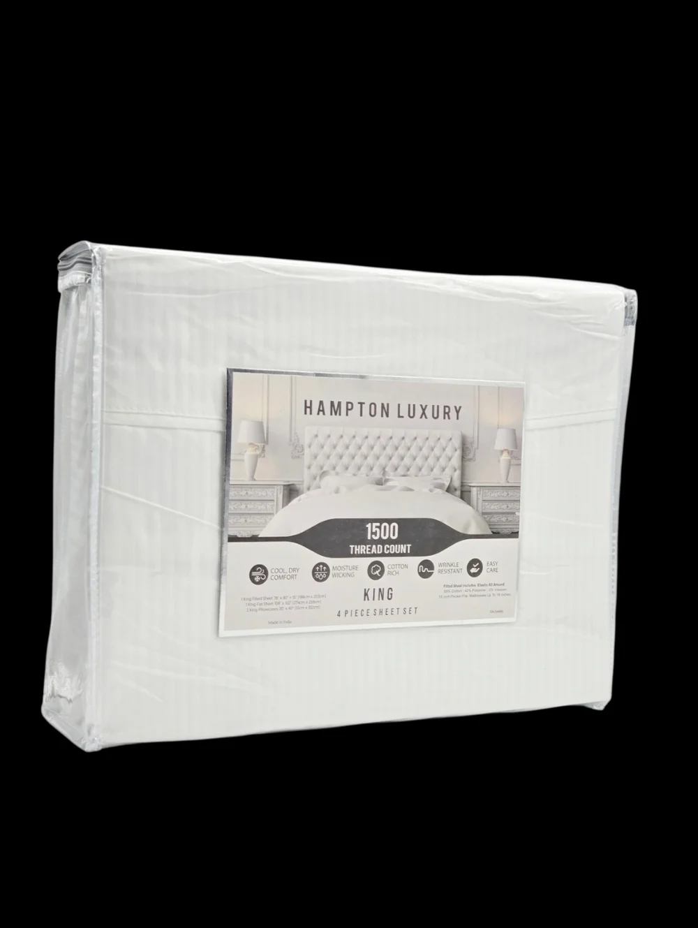 Hampton Luxury King Size 4pc White Sheet Set 1500 Thread Count Cotton‎ Blend